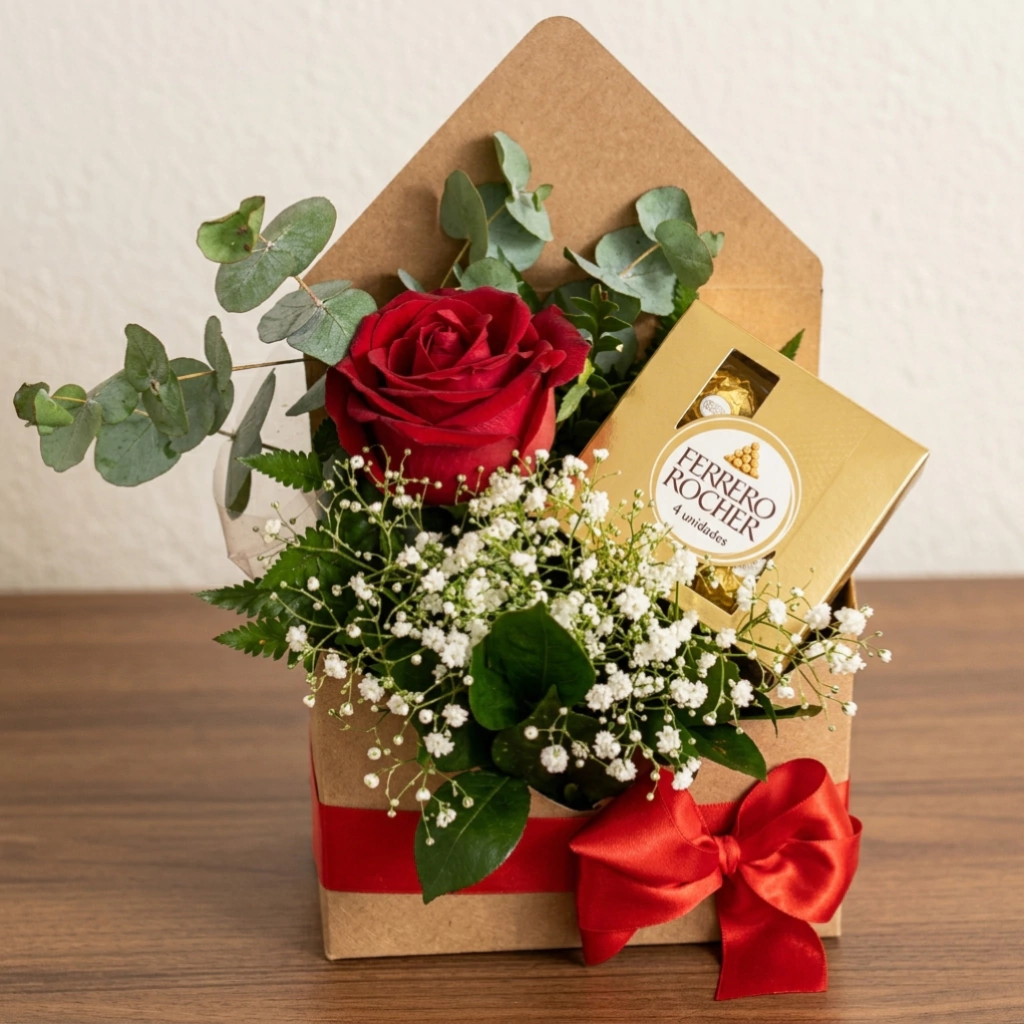 Kit com rosa vermelha premium e Ferrero Rocher 4 unidades em envelope